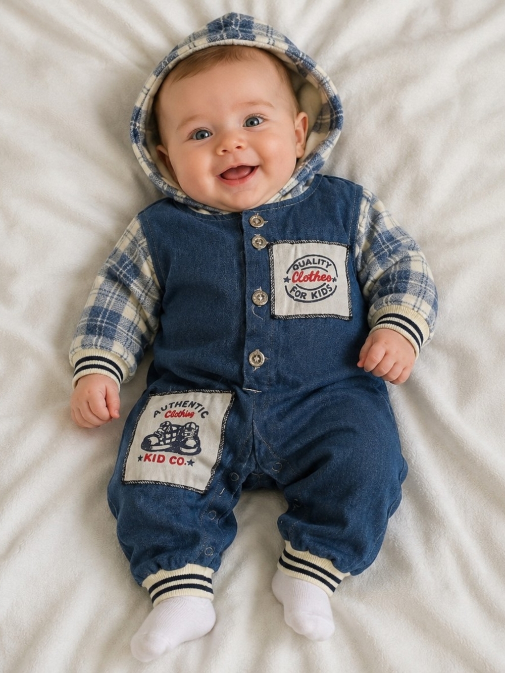 Vintage 1990s Viv Kids Denim & Plaid Hooded Romper Baby 3–6 Months